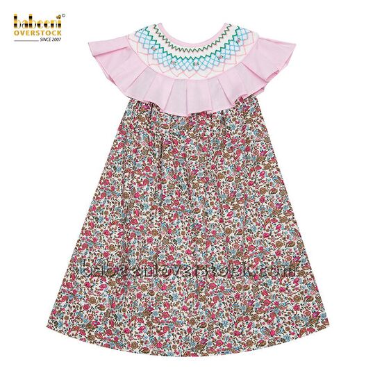 Geometric and smocked flower floral dress pink ruffle - BB2052